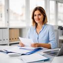 Consultora autónoma revisando facturas en una oficina luminosa de Sevilla