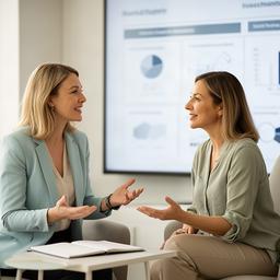 Nevenka Ripan, asesora financiera, conversando con una clienta junto a una pantalla de planificación